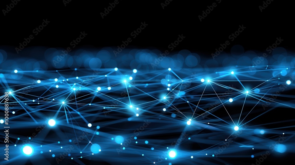 Poster glowing blue network of interconnected lines and dots on a black background showcases, blockchain an