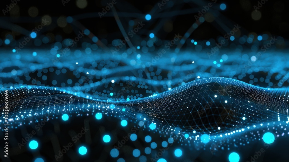 Poster abstract network interconnected blue glowing dots lines, symbolizing blockchain network. futuristic 