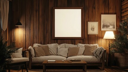 Mock up frame in a rustic-style living room with dark wooden furniture and cozy atmosphere 