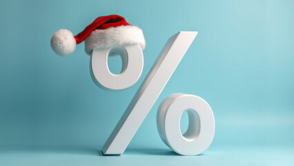 White percentage symbol with a Santa hat on a blue background representing holiday season sales or discounts, integrating festive spirit with financial themes.