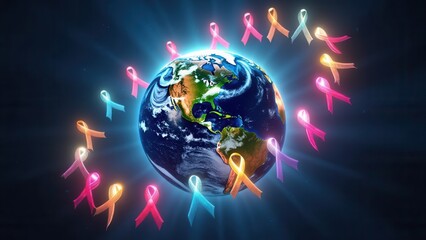 This image showcases a global perspective where colorful awareness ribbons encircle the Earth, illustrating worldwide unity and commitment to various humanitarian, health, and social causes.
