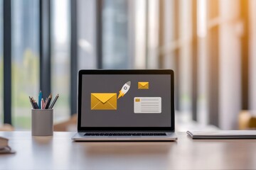 Laptop On Desk With Floating Icons