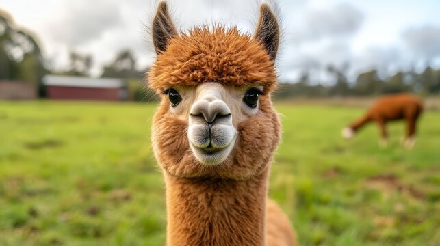 Llama's Gaze, CloseUp Perspective with Majestic Horse in the Background