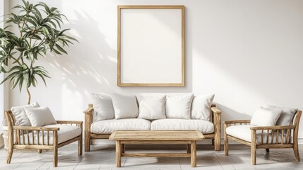 Mock up frame in a serene living room with natural wooden furniture and soft, muted tones 