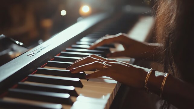 Woman's hands playing a digital piano with a blurred background.