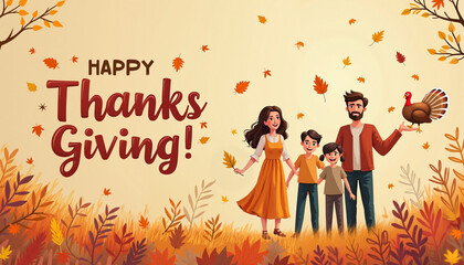 Thanksgiving illustration depicting a family of four standing in a field of autumn leaves. The father holds a turkey. Background with text "Happy Thanksgiving!" 