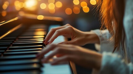 A woman plays the piano with a warm, blurry background of golden lights.