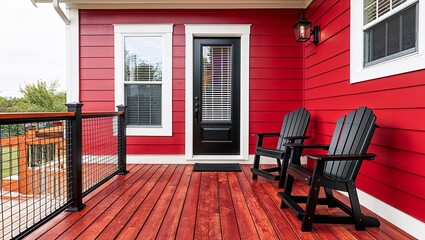 Cozy outdoor deck area attached to a house. The deck features a wooden floor with a rich, reddish-brown finish, and is bordered by a railing with a wire mesh design.
