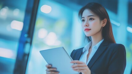 Fototapeta premium Confident Businesswoman in Suit Reviews Information on Tablet