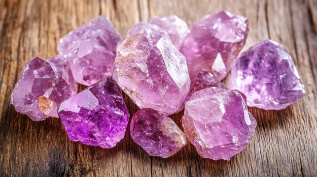 Vibrant amethyst crystal cluster on wooden background