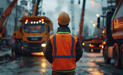 a construction worker wearing a hard hat and a high visibility vest worker is standing in front of large construction vehicles.