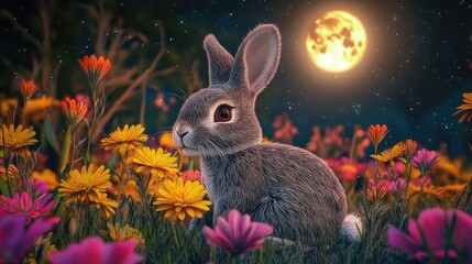 Fototapeta premium Adorable rabbit sitting in a field of vibrant flowers, with a full moon glowing in the background, creating a peaceful and enchanting scene.