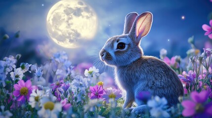 Fototapeta premium Cute rabbit sitting in a field of blooming flowers, with a full moon in the background casting a magical glow in this photorealistic close-up.