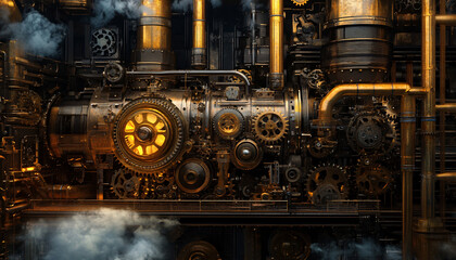 A Victorian-inspired mechanical world with gears, cogs, steam pipes, and brass accents, blending fantasy with machinery