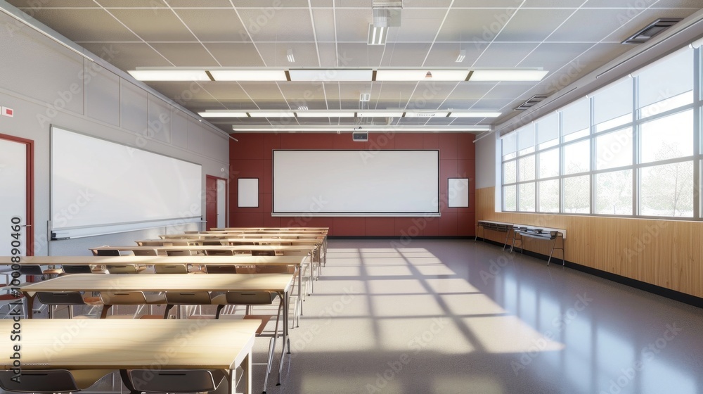 Poster A large empty classroom with a white board and a projector