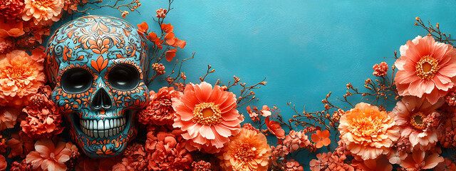 Sugar skull adorned with vibrant flowers for festive celebration, perfect for Day of the Dead banners or decorations.