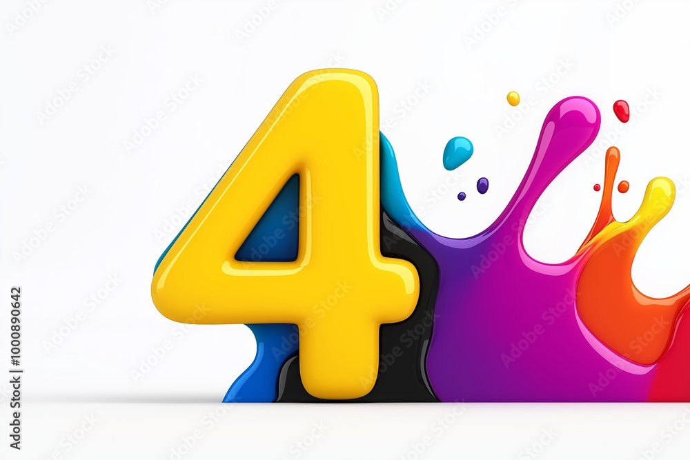 Poster the number 4 is in red and yellow. it is surrounded by a splash of paint. number 4 composed of color