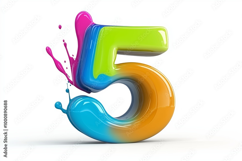 Poster the number 5 is in red and yellow. it is surrounded by a splash of paint. number 5 composed of color