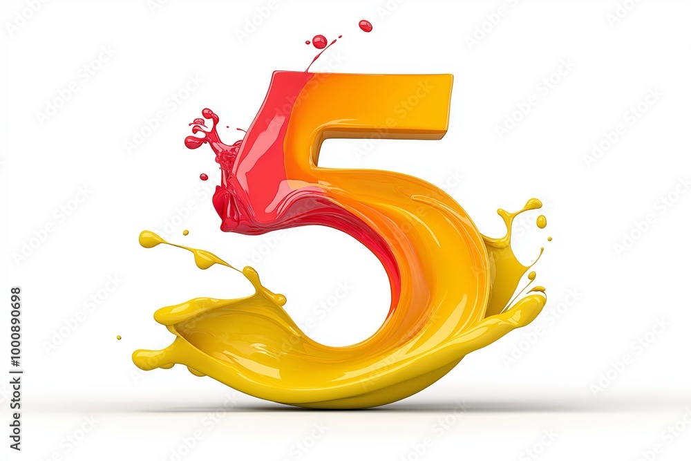 Poster the number 5 is in red and yellow. it is surrounded by a splash of paint. number 5 composed of color