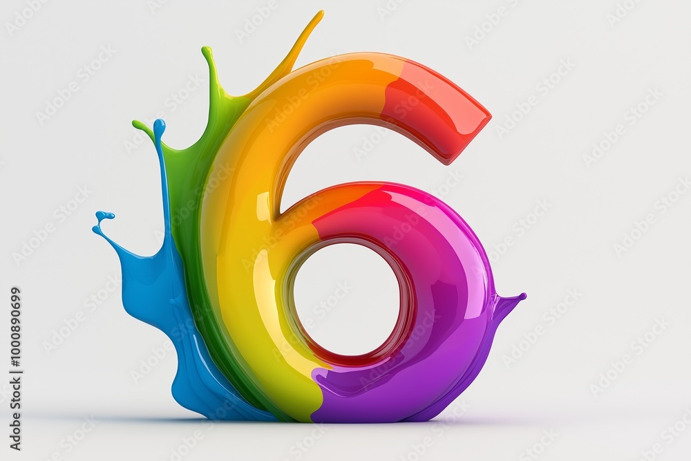 Poster the number 6 is in red and yellow. it is surrounded by a splash of paint. number 6 composed of color