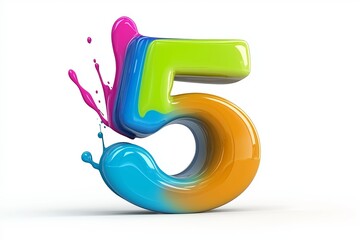 The number 5 is in red and yellow. It is surrounded by a splash of paint. number 5 composed of colored paint, dynamic splash, floating on pure white background, minimalist, 3d rendering