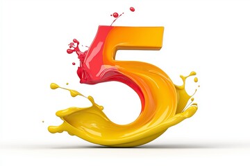 The number 5 is in red and yellow. It is surrounded by a splash of paint. number 5 composed of colored paint, dynamic splash, floating on pure white background, minimalist, 3d rendering