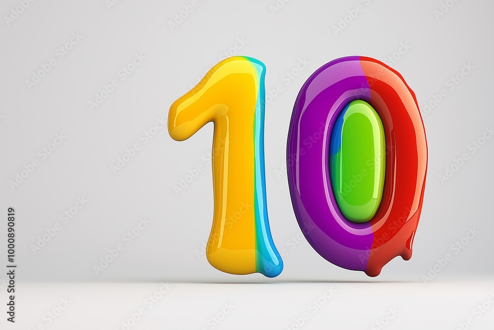 Poster the number 10 is in red and yellow. it is surrounded by a splash of paint. number 10 composed of col