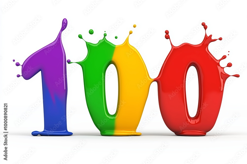 Poster the number 100 is in red and yellow. it is surrounded by a splash of paint. number 100 composed of c