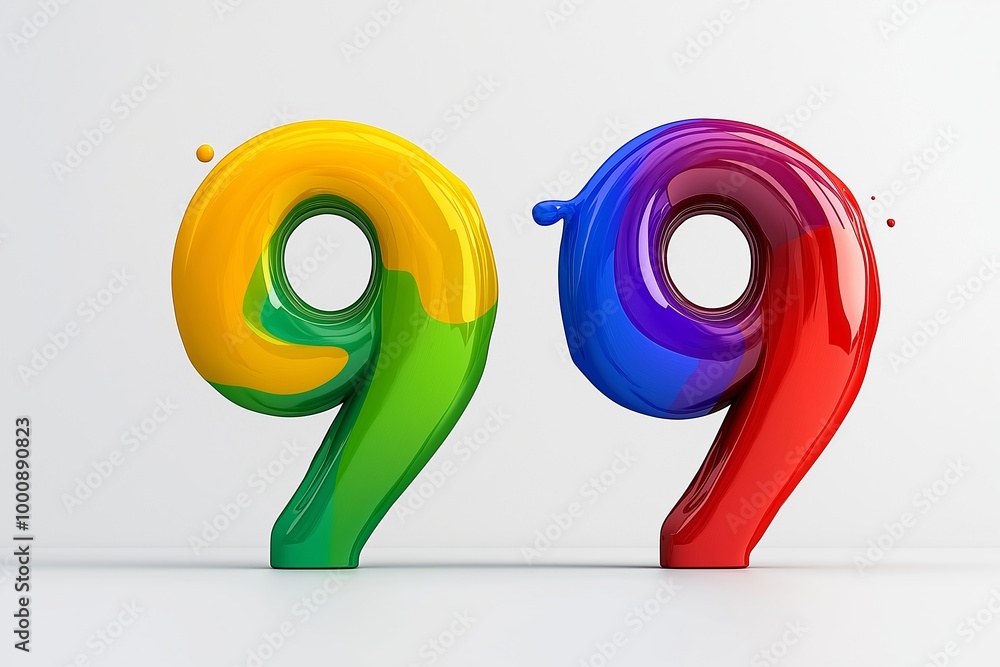 Poster the number 99 is in red and yellow. it is surrounded by a splash of paint. number 99 composed of col