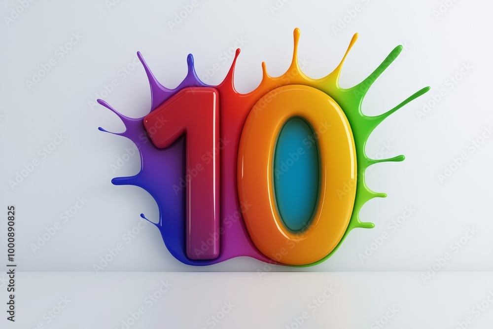 Aufkleber the number 10 is in red and yellow. it is surrounded by a splash of paint. number 10 composed of col