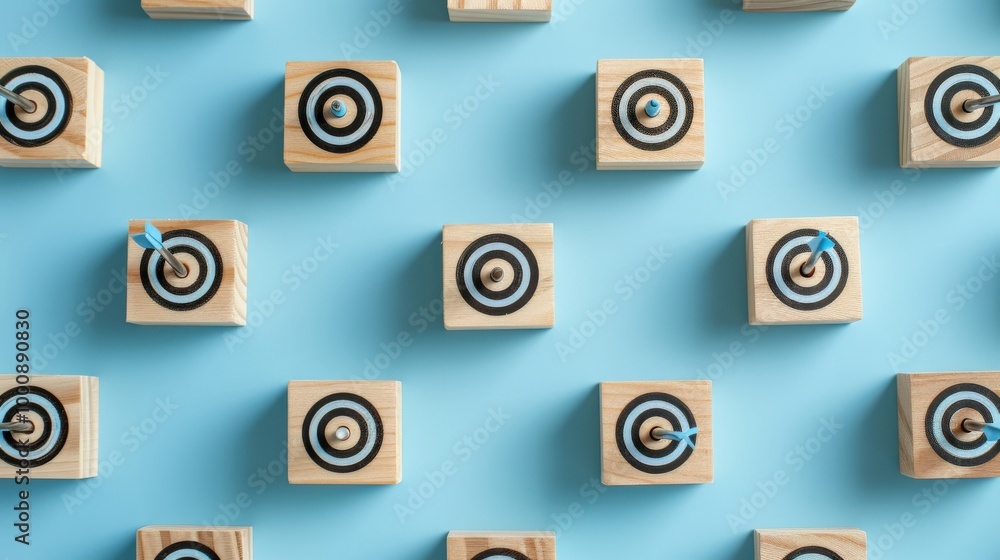 Poster wooden blocks with black bullseye targets arrows attached center displayed on light blue background.