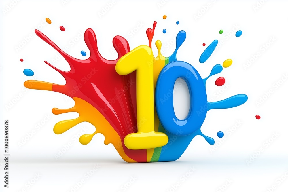 Poster the number 10 is in red and yellow. it is surrounded by a splash of paint. number 10 composed of col