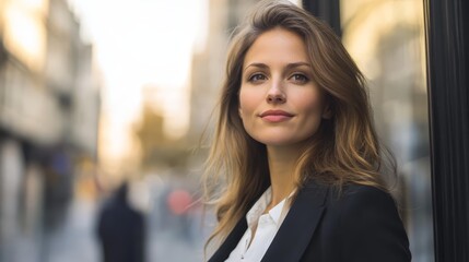 Obraz premium Empowered Silhouette, Woman in Black Suit Stands Confidently by the Window