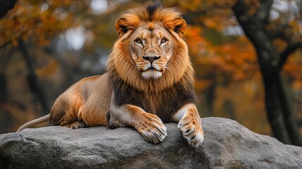 Obraz premium Lion's Respite, Majestic Pause in the Emerald Embrace of the Forest