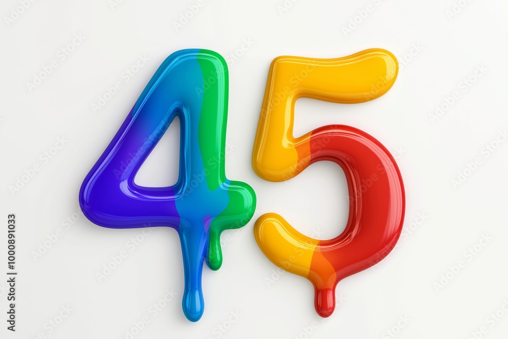 Poster the number 45 is in red and yellow. it is surrounded by a splash of paint. number 45 composed of col