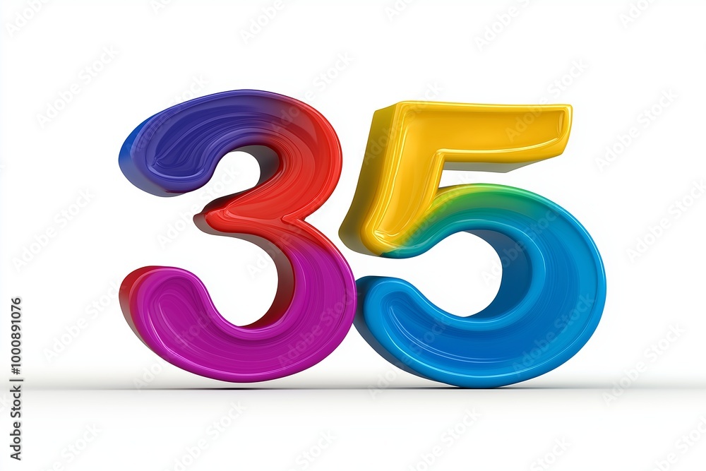 Poster the number 35 is in red and yellow. it is surrounded by a splash of paint. number 35 composed of col