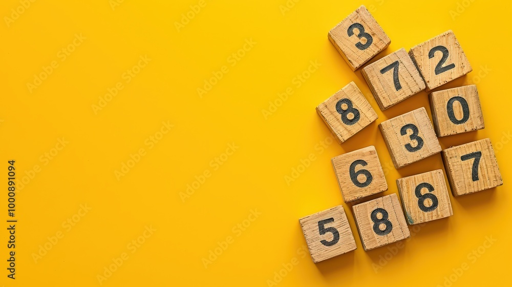 Aufkleber wooden blocks with numbers arranged on yellow background, symbolizing statistical data, business cal