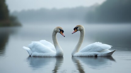 Serene Encounter, Two Swans in Perfect Harmony on Tranquil Lake Two