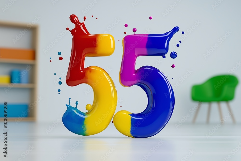 Poster the number 55 is in red and yellow. it is surrounded by a splash of paint. number 55 composed of col