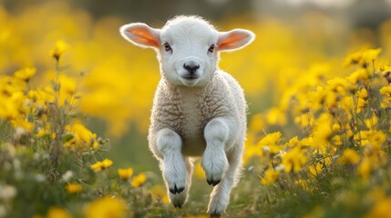 Fototapeta premium Baby Lamb's Delightful Sprint through Field of Flowers, Captivating Glimpse of Springtime Joy