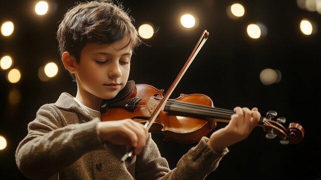 Young boy plays violin on stage. - Powered by Adobe