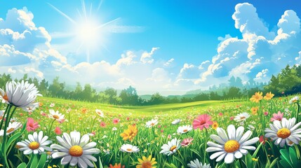 Breathtaking Vista of Spring, Flowers in Bloom and Lush Green Grass