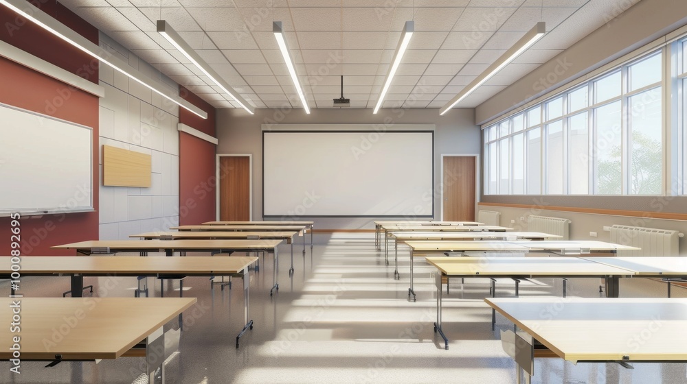Poster a large empty classroom with a projector screen and white board