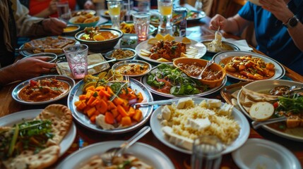 A large table with many plates of food, including rice, vegetables, and meat