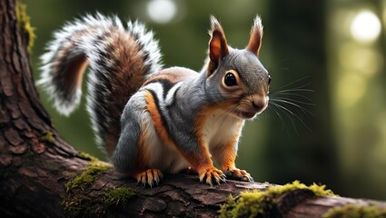 Obraz premium This close-up image captures the essence of wildlife with a detailed view of a squirrel perched on a tree branch. 