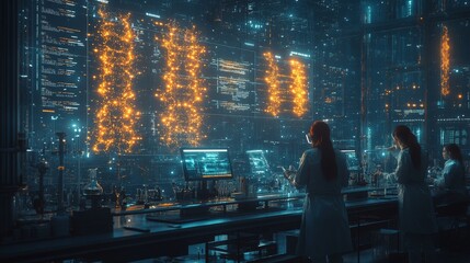 Fototapeta premium Researchers in a modern laboratory analyzing genetic data with CRISPR technology at night