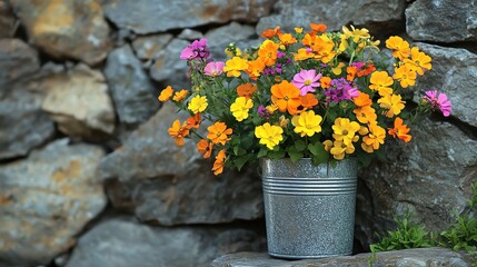 A colorful bouquet of wildflowers in a galvanized metal can in front of a stone wall.