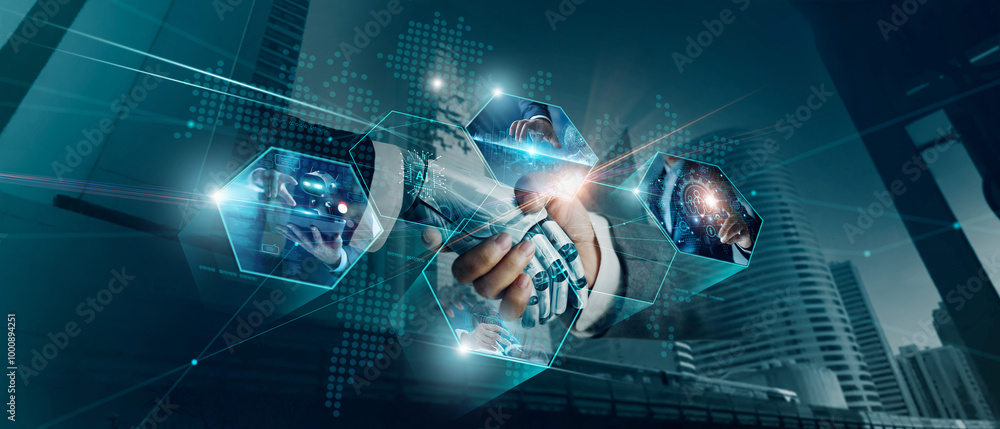 Poster handshake of robot and human, ai, machine learning, ai adoption for working to assistant of business