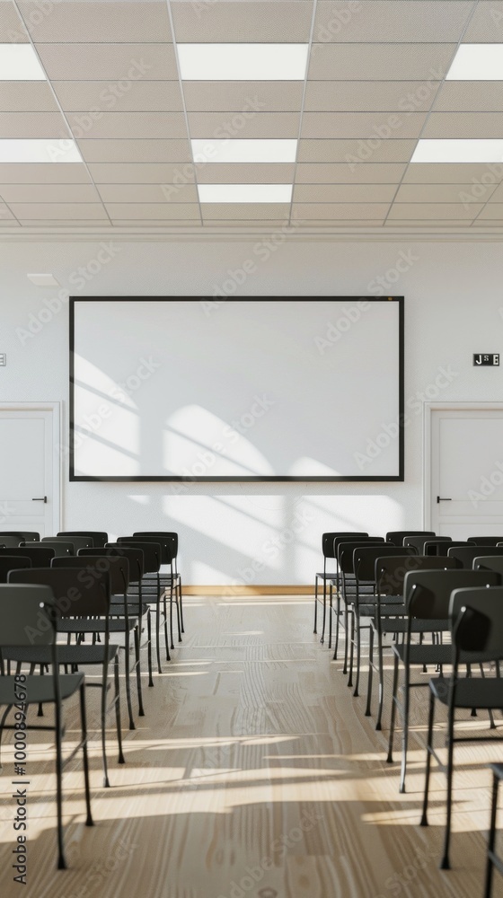 Poster a large empty auditorium with rows of black chairs and a large white screen