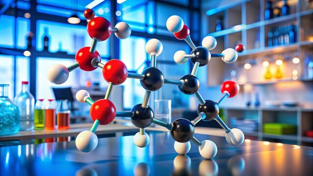 The chemical structure of propanoic acid is presented using a molecular model, set within a well-equipped laboratory,